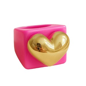Chunky Gold Heart Acrylic Ring, Colorful Statement Jewelry, Bold Love Inspired Statement, Fun Retro