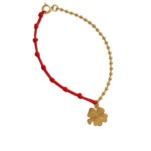 Red Thread Bracelet, 18k Clover Charm, Good Luck Amulet
