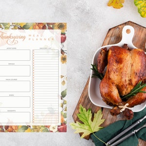 Planejador de refeições de Ação de Graças - Organizador do Dia de Ação de Graças - Organizador de refeições de feriado, menu, lista de compras, prato principal, modelo de refeição de Ação de Graças