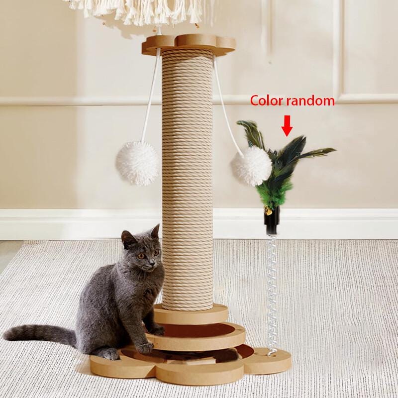 Large Sisal Cat Scratching Post with Solid Wood Base-Interactive Cat Toy, Indoor Cat Scratcher, Durable Cat Furniture for Kittens & Adult Cats