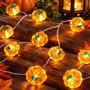 May include: A string of LED lights featuring translucent orange pumpkin-shaped covers with green stems. Each pumpkin glows with a warm internal light, connected by a thin, flexible silver wire. The design mimics the appearance of small gourds.