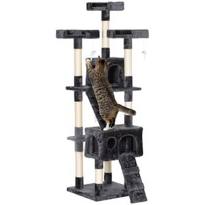 May include: A tall, multi-level cat tree featuring dark grey plush platforms, a central enclosed cubby, a lower house with a ramp, and several vertical scratching posts wrapped in light-coloured sisal rope, with a tabby cat climbing the structure.