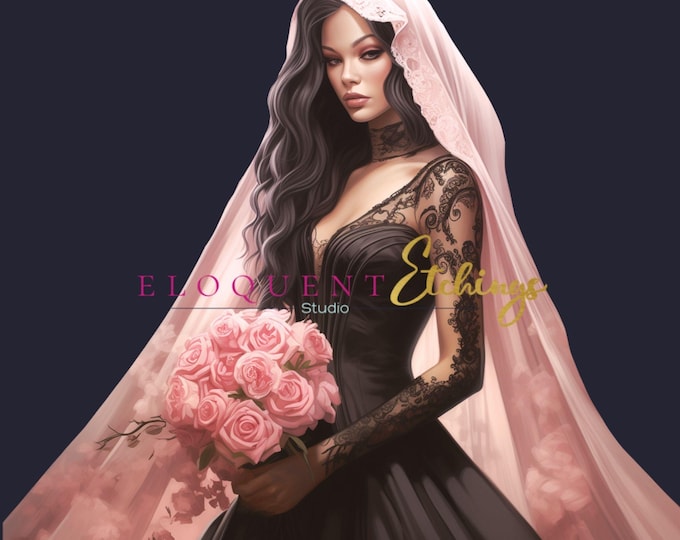 Featured listing image: Gothic Bride: with Black Wedding Dress, Flowers, Character Design, Concept Art, Fantasy Digital Art - Clip Art, Digital Print, PNG