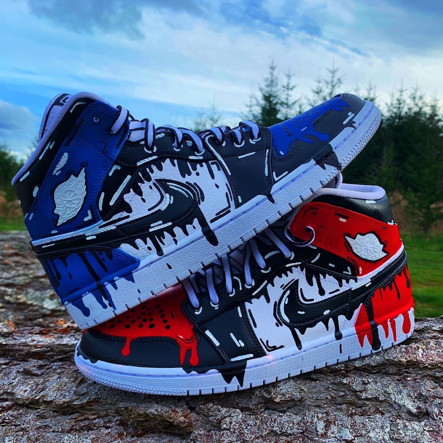 Red/blue Drippy Cartoon High Top Jordan 1 Custom Jordan 1s Cartoon Shoes  Custom Shoes Custom Jordans Cartoon Art Shoe Art Jordan 1 