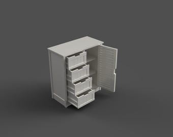 Può includere: Un mobile bianco con quattro cassetti estraibili e una singola porta. La porta è aperta, rivelando ripiani all'interno. Il mobile è in legno e ha un design semplice e moderno. Il mobile è posto su uno sfondo grigio.