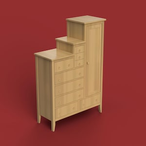 May include: A light-colored wooden storage unit with a stepped design. It features a combination of drawers and a cabinet with a door. The unit has a rectangular shape and is set against a solid red background.