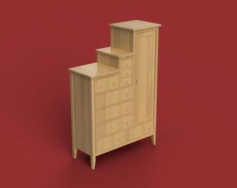 Può includere: Un mobile contenitore in legno chiaro con un design a gradini. Presenta una combinazione di cassetti e un armadio con una porta. L'unità ha una forma rettangolare ed è posta su uno sfondo rosso.