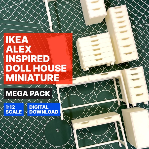 Miniature Desk and Drawer Storage Collection  1:12 STL Files for 3D Printing - Ikea Alex Inspired Dollhouse Furniture