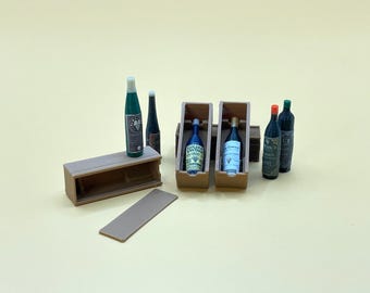 Set di casse per bottiglie di vino in miniatura STL in scala 1:12, collezione di sei bottiglie, licenza digitale per casa delle bambole