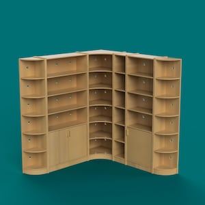 May include: A light wood-toned corner bookshelf unit with multiple shelves and cabinet doors. The unit has a curved design and is set against a teal background. The shelves are open and ready for storage.