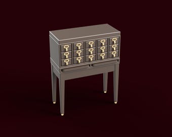 Può includere: Un mobile grigio con sedici piccoli cassetti, ognuno con una maniglia color oro. Il mobile poggia su quattro gambe sottili con dettagli dorati. Lo sfondo è di colore bordeaux scuro.