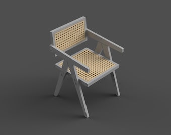 Può includere: Una sedia grigio chiaro con seduta e schienale in rattan intrecciato. La sedia ha braccioli e un design geometrico. Il telaio della sedia è in legno grigio chiaro. La sedia è su uno sfondo grigio scuro.