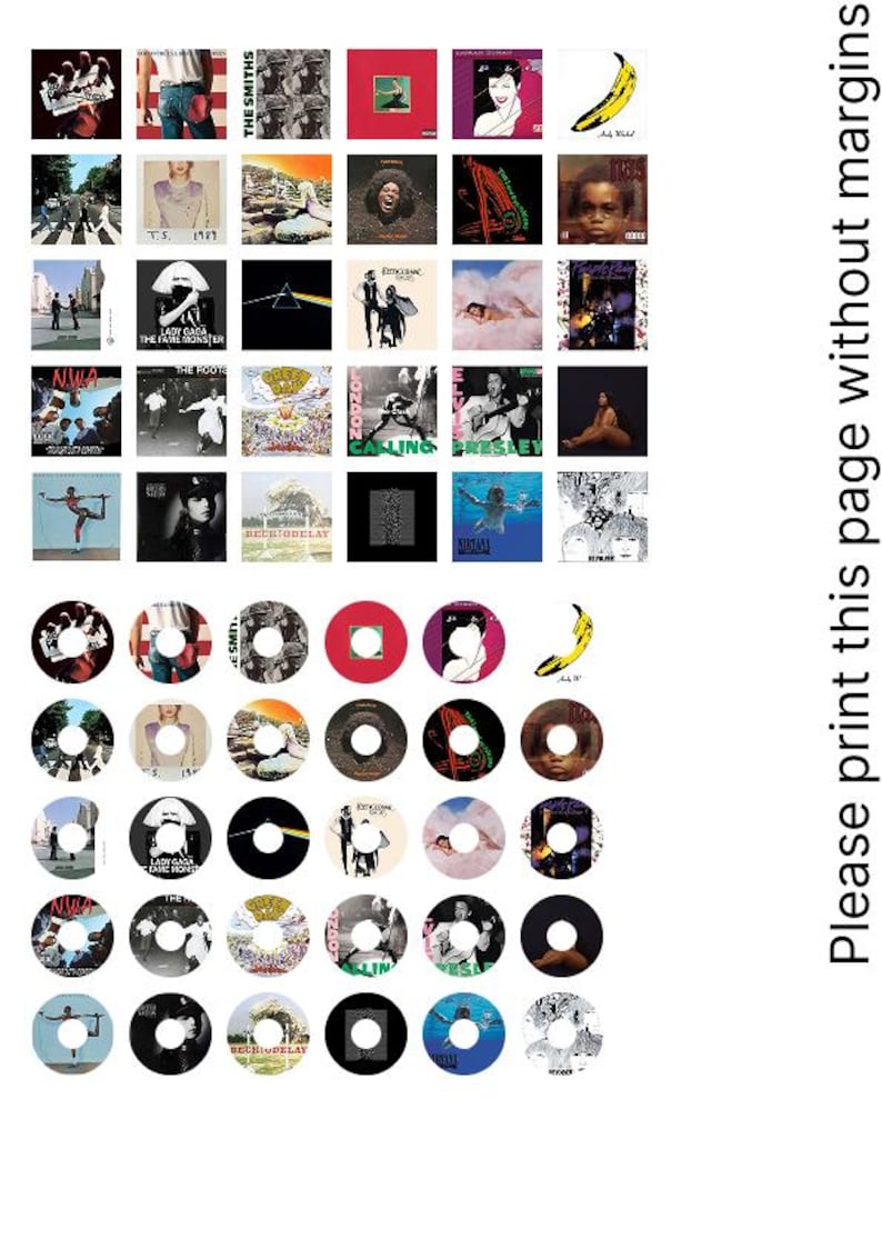 May include: A collection of vinyl record album covers and 45 RPM records. The album covers feature various artists and album art. The 45 RPM records are arranged in a circular pattern. The image includes the text "THE SMITHS" and "LADY GAGA THE FAME MONSTER".