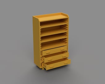 Può includere: Un mobile contenitore giallo con più ripiani e tre cassetti. Il mobile ha una forma rettangolare ed è realizzato in legno. I cassetti sono parzialmente aperti, rivelando l'interno. Il mobile è progettato per organizzare e riporre oggetti.