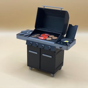 Miniature Outdoor BBQ Grill 3D STL – 1:12 Scale Wheeled Patio Grill with Side Burner for Dollhouses, Digital File for 3D Printing, License