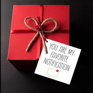 May include: A red gift box with a brown twine bow and a red flower accent. A white card attached to the box reads "You are my favorite notification" with a green speech bubble and a red notification dot.