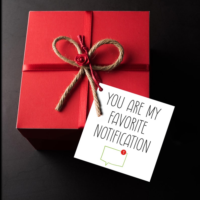 May include: A red gift box with a brown twine bow and a red flower accent. A white card attached to the box reads "You are my favorite notification" with a green speech bubble and a red notification dot.