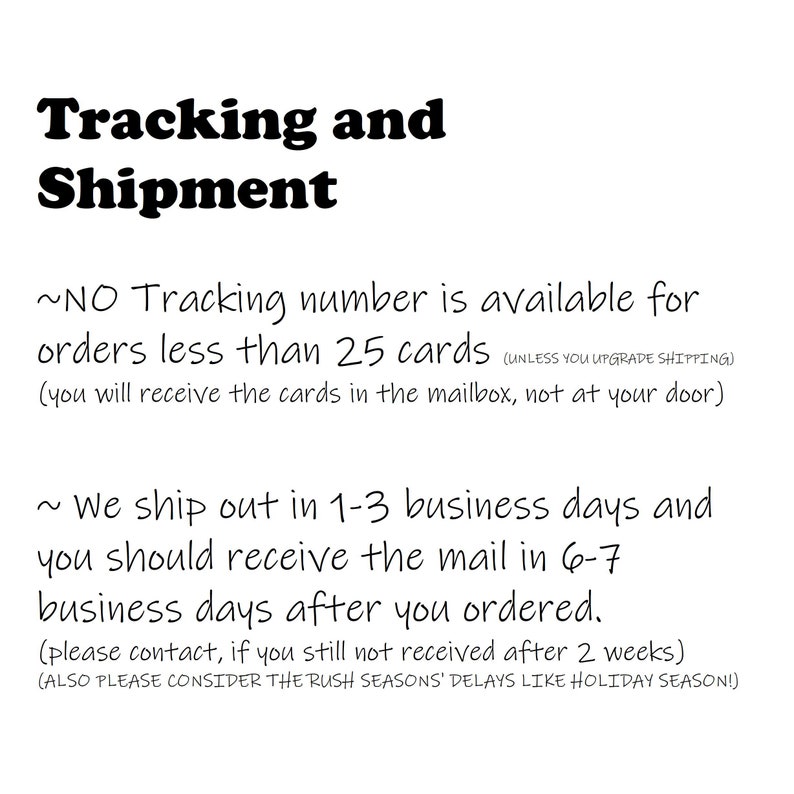 May include: Text explaining shipping and tracking information for orders.  It states that there is no tracking number available for orders less than 25 cards.  It also states that orders ship out in 1-3 business days and should arrive in 6-7 business days.  It also includes information about contacting the seller if the order has not arrived after 2 weeks.