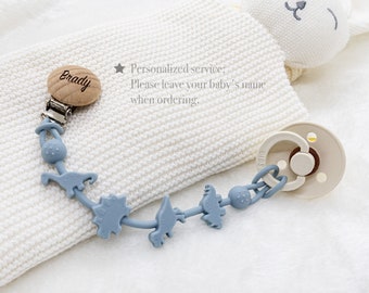 Personalized Dinosaur Pacifier Clip, Beech Wood & Silicone