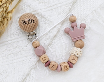 Personalized Beech Wood Pacifier Clip: Silicone Crown