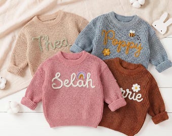 Personalized Baby Name Knit Sweater, Hand-Embroidered Cotton, Baby Gift