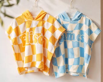 Kids Hooded Towel Poncho Personalized | Checkered Beach Towel for Kids | Custom Name Bath Cover Up | Toddler Pool and Summer Gift