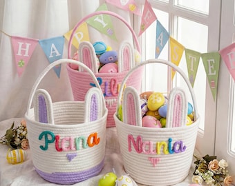 Personalized Cotton Rope Easter Basket, Embroidered Bunny Ears