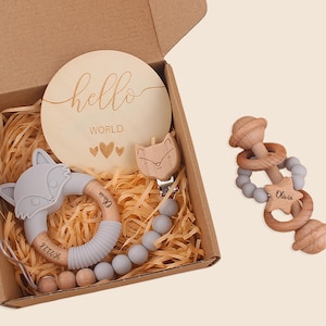 Fox Baby Gift Set: Personalized Rattle, Pacifier Clip & Lovey