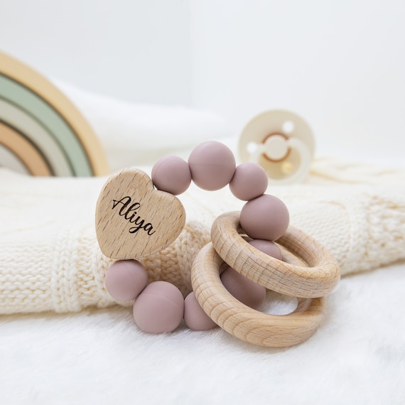 Personalized Wooden Toy Ring with Silicone Beads