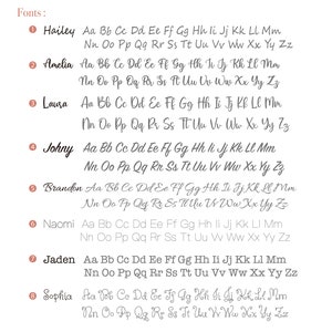 May include: A chart of eight different fonts, each with the alphabet written in cursive. The fonts are labelled Hailey, Amelia, Laura, Johny, Brandon, Naomi, Jaden, and Sophia.