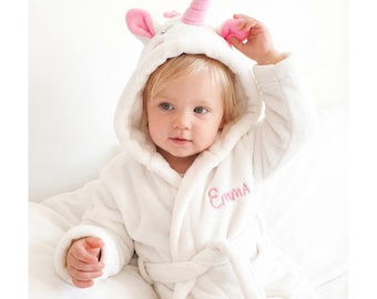 Personalized Kids Unicorn Bathrobe with Soft Fabric Sash | Custom Name bath towel | Plush Flannel Fleece Hooded | Toddler & Child Gift