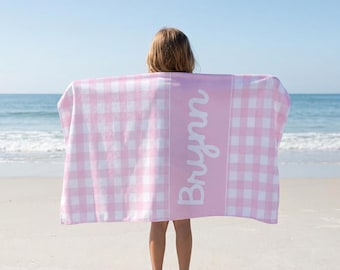 Personalized Gingham Beach Towel | Custom Name Bath Towel | Kids Pool Towel | Soft Cotton Summer Towel | Plaid Towel Gift