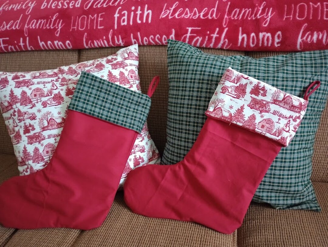 Customizable christmas stockings and matching 18x18 pillow covers