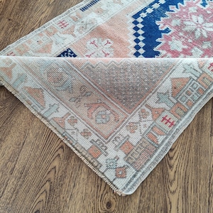 2.6x11.8 Ft Faded Orange Beige Blue Turkish Runner Rug, Hand Knotted 3x12 Vintage Runner, Oushak Kids Kitchen Entryway Runner, Home Decor