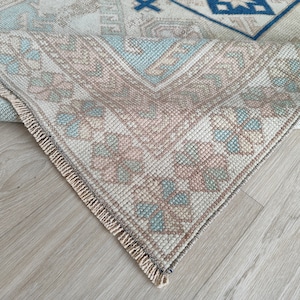 Tappeto Oushak bianco rosa blu 3,4x5,4 piedi: tappeto turco vintage in lana