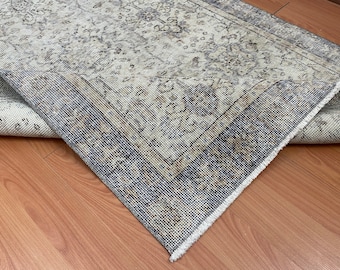 Handmade Oushak Turkish Rug: Beige Faded Blue Wool, 3.6x6.7 Ft