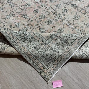 6.8x10.4 Ft Pink Faded Green Beige Turkish Rug, 7x10 Handmade Vintage Rug,Oushak Living Room Bedroom Kitchen Kids Entry Area Rug,Home Decor