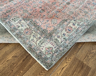 7x11 Vintage Oushak Rug: Pink, Beige & Green Organic Wool
