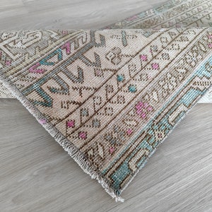 Tappeto runner vintage persiano beige rosa blu da 2,8x10,3 piedi, runner anatolico 3x10 fatto a mano, Oushak Kids Kitchen Living Room Bedroom Entry Runner
