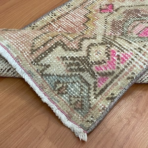 1x3 Faded Pink Blue Turkish Door mat, 1x3 Vintage Small Rug, Oushak Kitchen Throw Bathroom Kids Entry Laundry Handmade Area Rug, 1.4x3.1 Ft