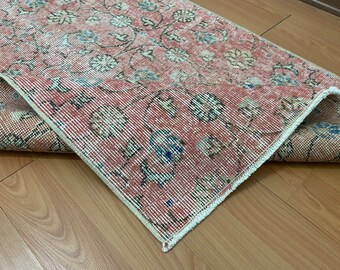 3x7 Vintage Oushak Runner Rug: Red, Blue & Green, Organic Wool