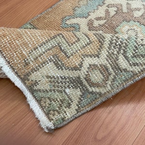 1x3 Orange Blue Vintage Small Rug, 1x3 Turkish Door mat, Handmade Oushak Kids Kitchen Throw Entry Laundry Small Rug, Home Decor, 1.4x3.0 Ft