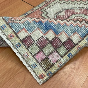 1x3 Red Blue Vintage Small Rug, 1x3 Handmade Turkish Door mat, Oushak Wool Kitchen Throw Entry Kids Laundry Area Rug, Home Decor, 1.5x2.9 Ft