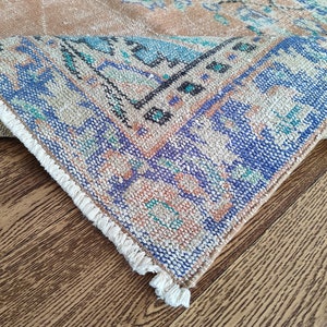 Handmade Oushak Wool Rug 4.5x8.5 ft: Orange Blue Vintage Turkish Rug