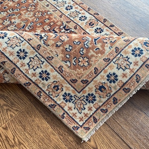 Vintage Heriz Runner Rug 3x9: Orange, Brown & Blue Persian Style