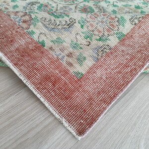 5.5x9.0 Ft Vintage Oushak Rug: Red, Beige & Green Wool Turkish Rug
