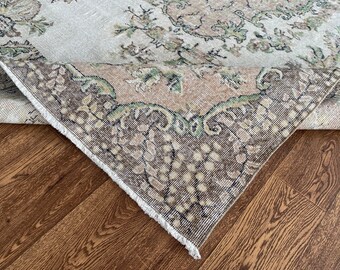 Handwoven Oushak Turkish Rug: 6.6x11.0 Ft, Pink, Green, and Brown Organic Wool