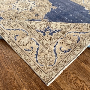 6x9 Beige Blue Turkish Rug, 6x9 Handmade Natural Wool Oushak Rug, Vintage Living Room Bedroom Kitchen Kids Entry Rug, Home Decor,5.6x8.9 Ft