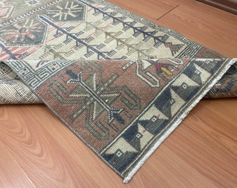 3x7 Vintage Oushak Runner Rug: Organic Wool Turkish Hallway Rug