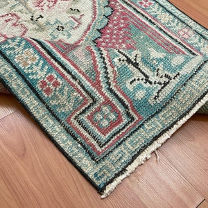 3x6 Pink Blue Turkish Runner, 3x6 Hand Knotted Blue Red Vintage Runner, Oushak Neatrul Hallway Kids Entry Bedroom Kitchen Runner, 2.7x5.6 Ft
